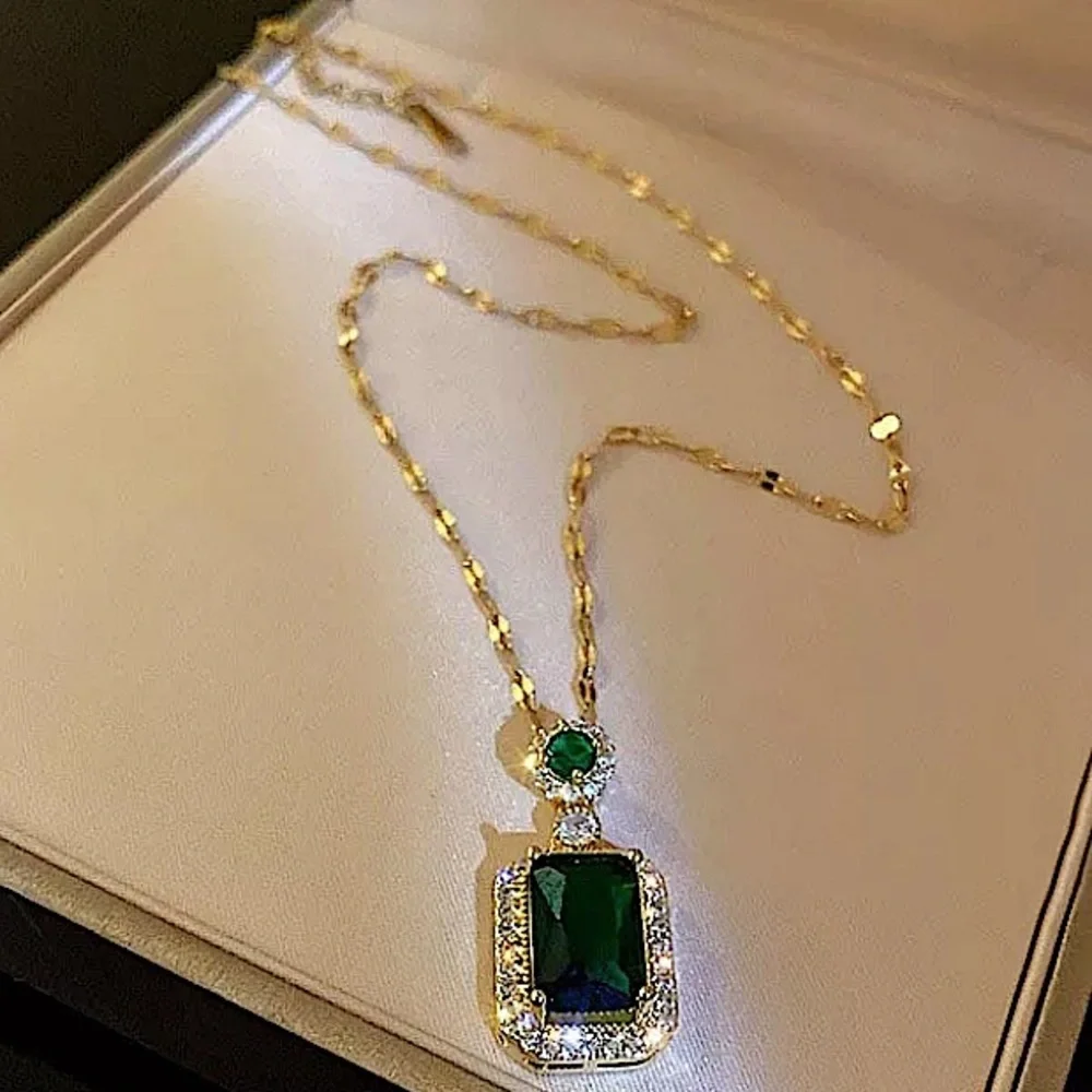 Emerald Gold Plated Zircon Charm Pendant Necklace Matching Earrings Set
